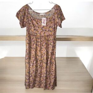 Chic Floral Midi Dress in Pink and Yellow